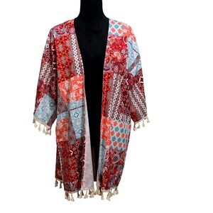 Tees2urdoor Red Patchwork Boho Kimono Tassel Fringe Open Front Wrap Cardigan